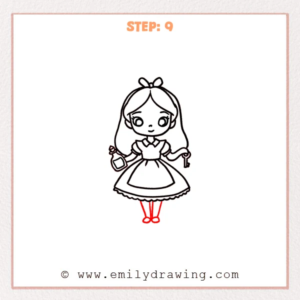 how to draw an alice in wonderland - Step 9: Alice in Wonderland is finished with slim legs and rounded shoes under the dress.